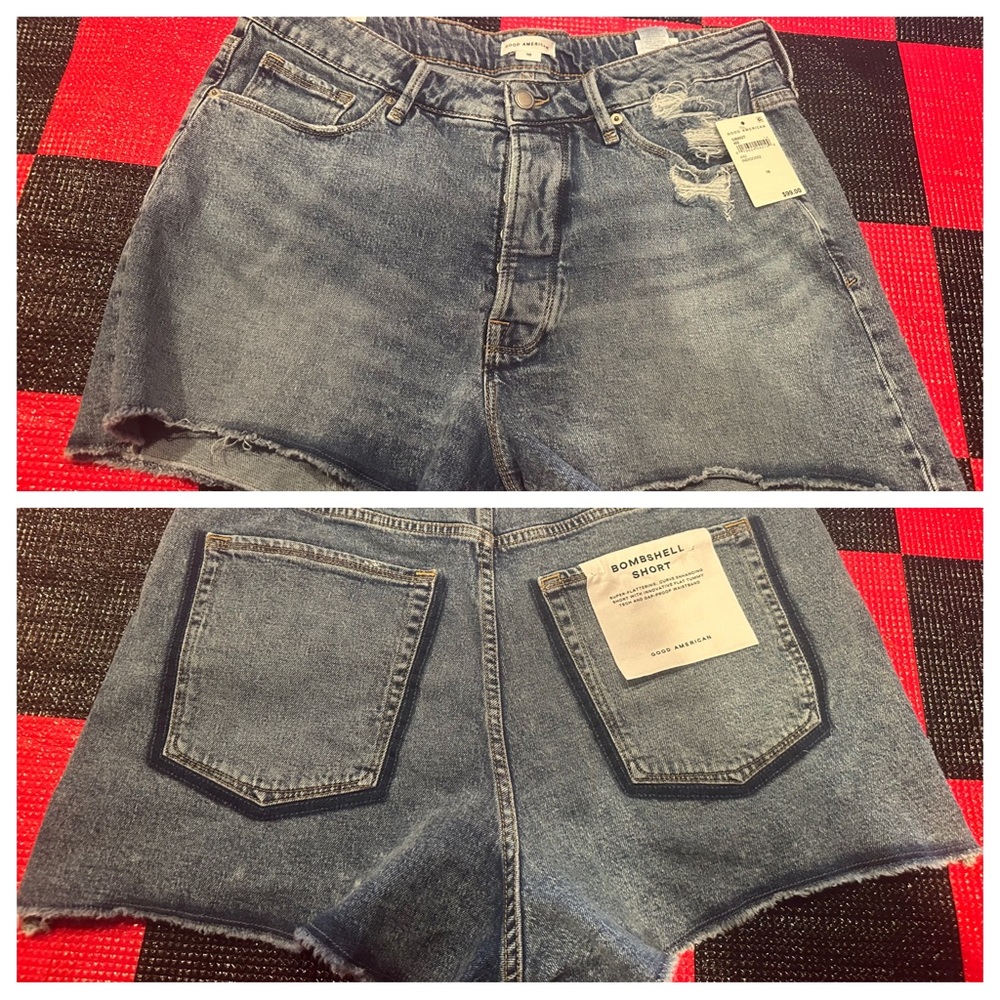 NWT Good American Bombshell short size 16
Length: 17” (longest)
